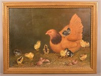 Ben Austrian Oil Painting Hen with 12 Chicks.