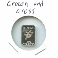 1 gram Silver Bar - Crown & Cross, .999 Fine
