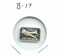 1 gram Silver Bar - B-17, .999 Fine Silver
