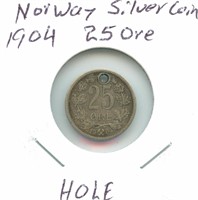 Norway Silver Coin - 1904 25 Ore, Hole