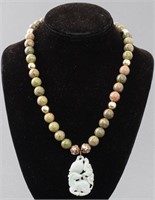 Chinese Jadeite Jade Pendant & Unikite Necklace