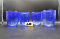 4 Blue swirl art glass short drinking glasses