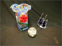 Three glass items: floral paperweight; 9" vase