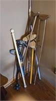 Lot of vintage crutches, canes, horse, Rods