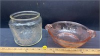 Depression Glass Cookie Jar & dish, both missing