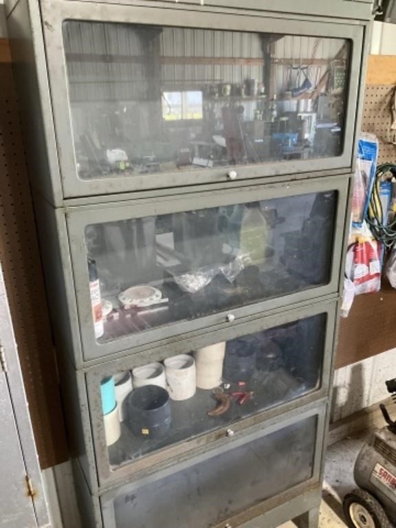 Metal Cabinet w/ Glass Window Doors & Contents