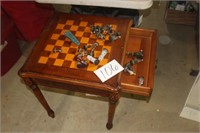 WOODEN CHECKERBOARD/CHESS TABLE, RESIN FIGURES