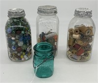 3 Vintage Ball Jars of Marbles, Toys Thread Spools