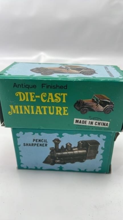 Train & antique car pencil sharpener lot in box