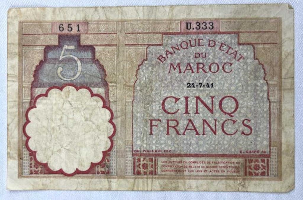 1941 Morocco 5 Francs Note, Bank of France