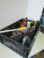 Black Crate of Various Auto Care Items and Parts