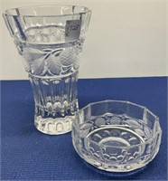 Cut Glass Vase 7” h , Matching Small Bowl