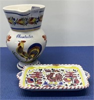 Rooster Ceramics 2 PCs  Pitcher , Smal Tray (