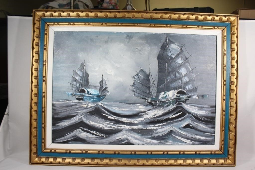 Large Asian Painting of Chinese Junks - Boats