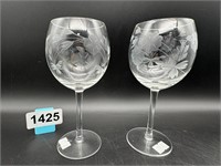 (2) 6" Etched stemed wine glasses