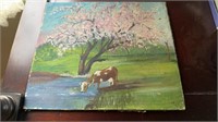 Original oil painting on art board, blooming pink