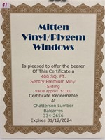 400 Sq ft Sentry Vinyl Siding Certificate