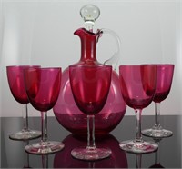 CRANBERRY GLASS DECANTER WITH 5 GLASSES