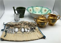Antique Porcelain Bowl, Child's Flatware, Willow