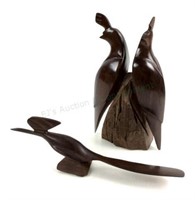 2 Carved Ironwood Quail & Roadrunner Sculptures