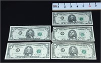 (4) 1985 & (1) 1969 $5.00 Notes (Normal Size)