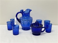 Cobalt Blue Water Pitcher, 6 Glasses & Juicer