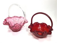 2 Vtg Art Glass Ruffled Baskets w/ Handles
