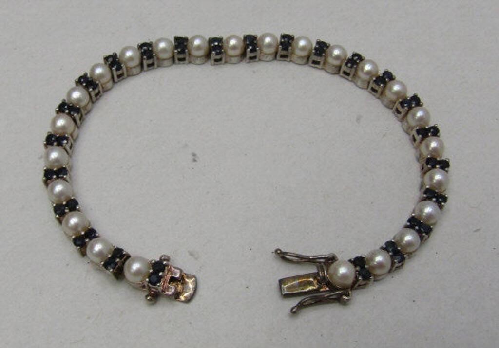 Pearl & Onyx Sterling Silver Tennis Bracelet
