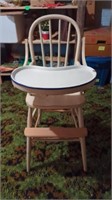 ANTIQUE WOOD HIGH CHAIR WITH AN ENAMEL TRAY THAT