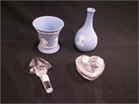 Four items: two blue Jasperware by Wedgwood vases