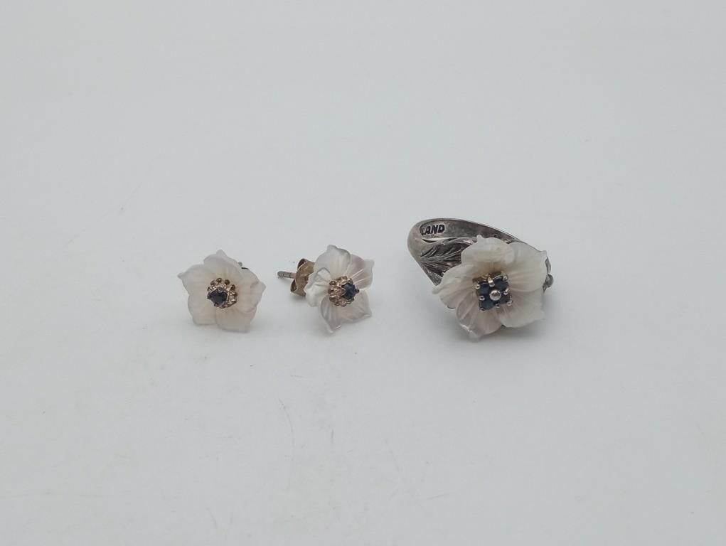 Sterling Carved Mother of Pearl Ring & Earring Set