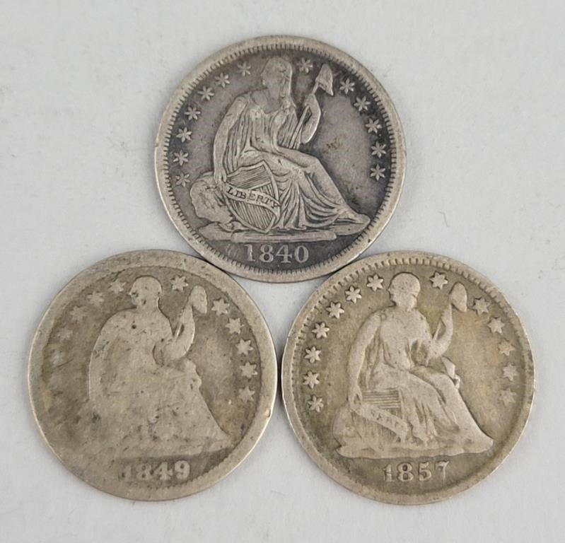 1840, 1849 & 1857 90% Silver Half Dimes.