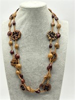 Antique Carved Wood & Nut Boho Style Necklace