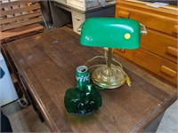 Banker's Lamp & Green Glass Candy Dish