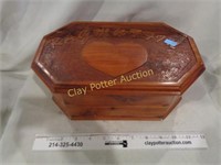 Carved Wooden Jewelry Box & Contents