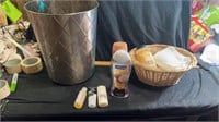 Trash can, misc products & basket w/wascloths