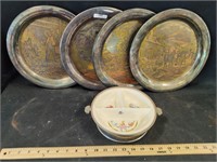 Four Metal Collector's Plates and Bowl