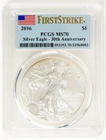 Coin 2016 Silver Eagle 1st St 30th Ann. PCGS MS70