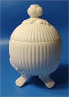 Rib and Scroll Milk Glass Covered Candy Dish