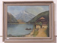 UNSIGNED COTTAGE BY THE LAKE PAINTING