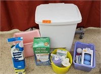 Bathroom supplies l. Cleaner, trash bins,