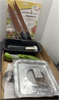 Mixed household lot; copper chef knives & more