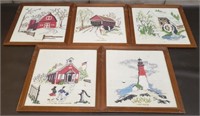 Lot of 5 Vintage Needlepoint Pictures