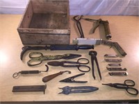 Antique Tool LOT & Wooden WI Wood Crate