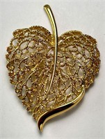 Monet Gold Tone Open Leaf Brooch Heart Shape