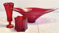 3 pieces ruby red art glass