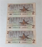 3 CONSECUTIVE TWO DOLLAR CANADIAN BILL