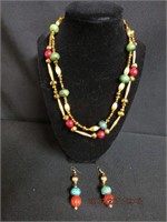 Stone and bead necklace and matching earrings