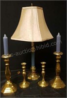 Brass lamp and 4 brass candlesticks