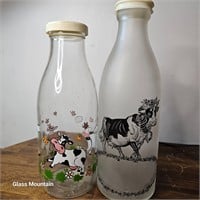 Vintage Glass Milk Bottles Milking Cows With Lids